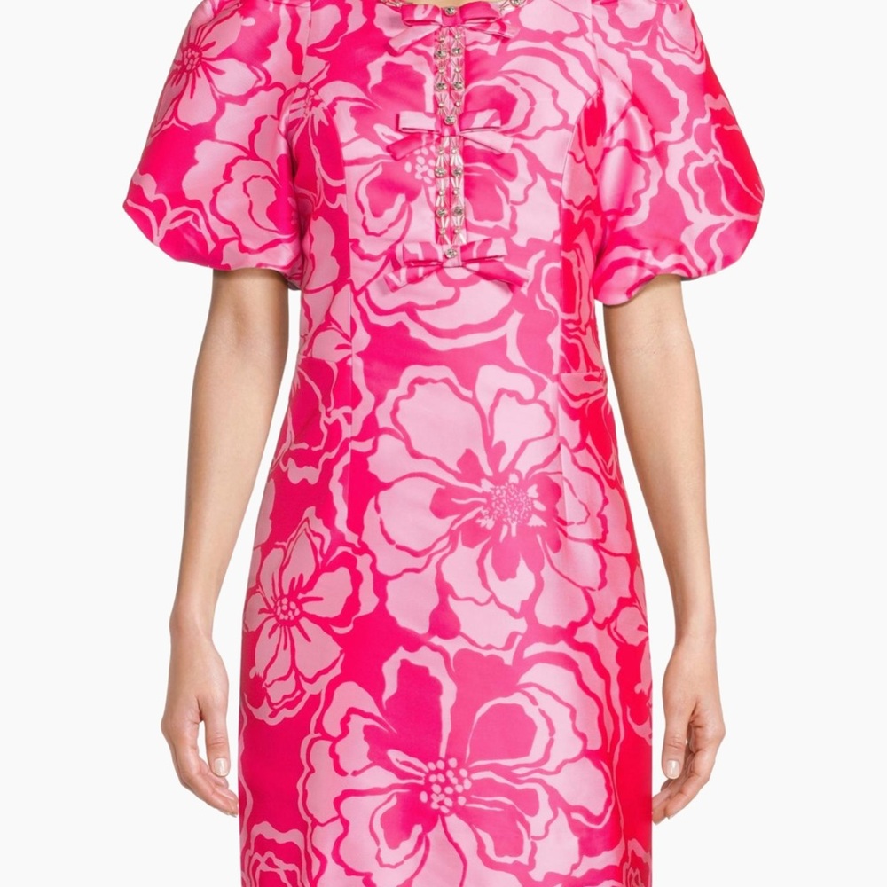 Lilly Pulitzer Hot Pink Floral Puff-Sleeve Mini Dress Reserve collection 6 - Picture 8 of 8